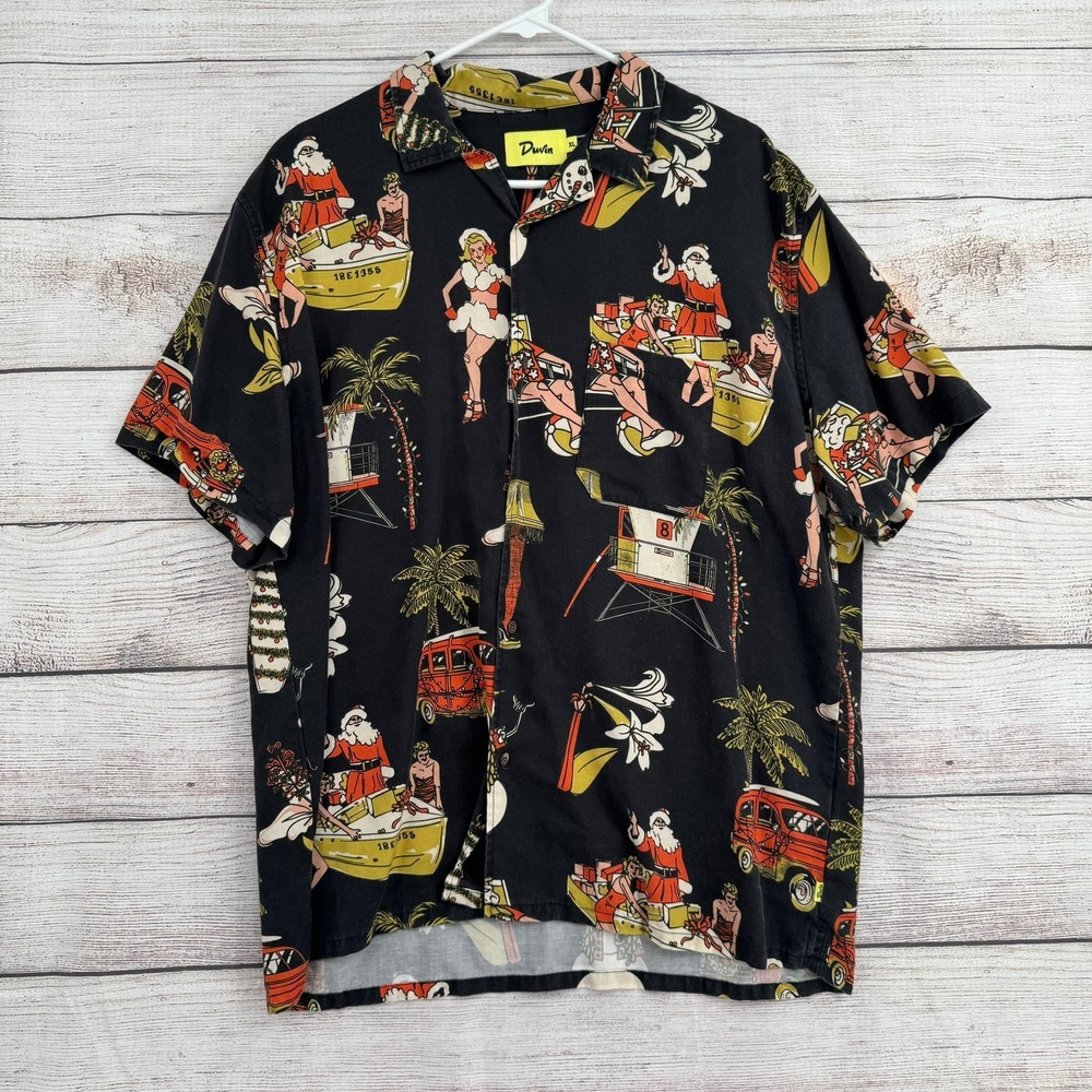 Duvin Button Up Shirt Mens XL Black Tropical Christmas Santa Tencel Linen